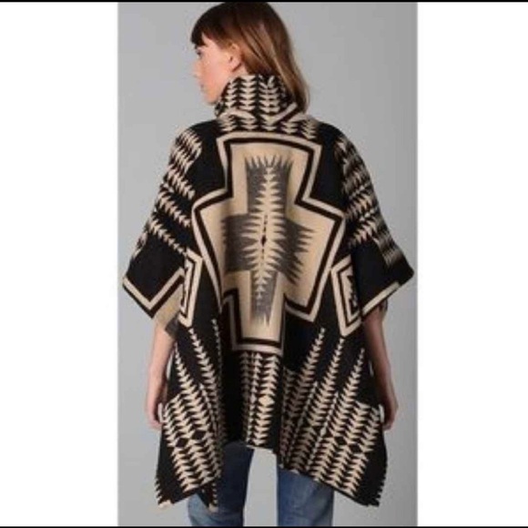 Pendleton Portland Collection Black Cream Tribal Print Poncho O/S - Picture 2 of 4